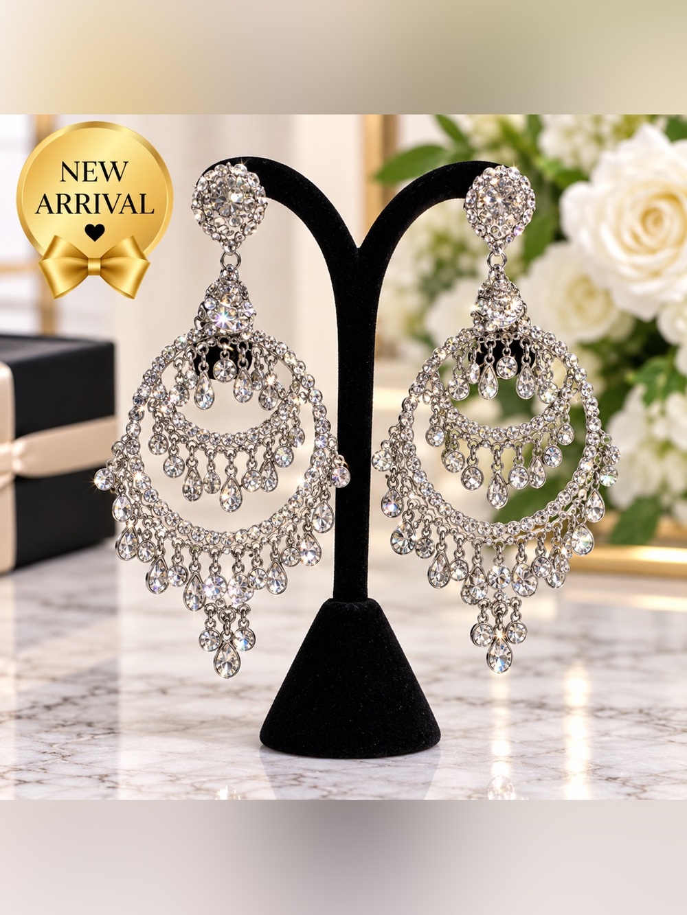 ✨ Silver-Tone Crystal Chandelier Statement Earrings ✨
